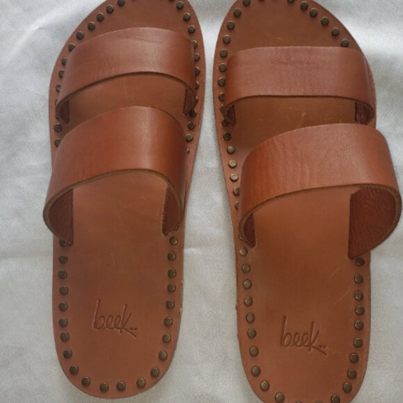NWT Beek Magpie Studded Double Strap Sandals - Brown Leather - Picture 1 of 4
